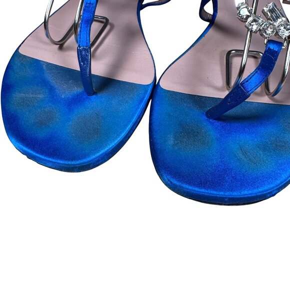 Gucci Crystal Interlocking GG T-Strap Flat Sandals Blue Satin Size 37.5 - Picture 5 of 10